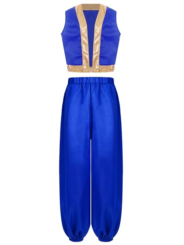 renvena Boys Girls Game Character Outfits Open Front Golden Trim Suit Vest and Satin Harem Pants Set Royal Blue 12 Years