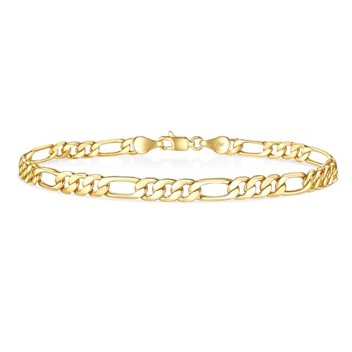 YOIHUR 14K Gold Figaro Bracelets 5mm Figaro Bracelet for Men&Women Hypoallergenic Figaro Link Chain Bracelets Ideal Jewelry Gift for Festival for Lover Friends & Family(7.5in)