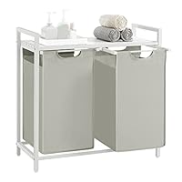 VASAGLE Wäschekorb 2 Fächer, Wäschesammler mit Ablage, Wäschebox, Wäschesack aus Oxford-Gewebe abnehmbar, Metallrahmen, 2 x 46 L, 73 x 33 x 72 cm, cremeweiß-mattweiß BLH201W01