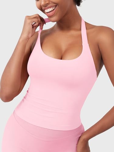 Image of YEOREO SoftHue Women's Impact Halter Tank Top Longline Backless Scoop Neck Built-in Bra Sports Workout Gym Crop Top