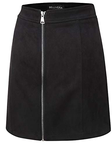 Bellivera Minifalda de Gamuza sintética, Falda Corta con Cremallera Frontal, Minifalda de línea A Negro S.