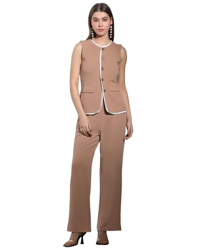 Image of Selvia Women's Sleeveless Button West Top with Straight Pants, Chic Formal Co-Ord Set