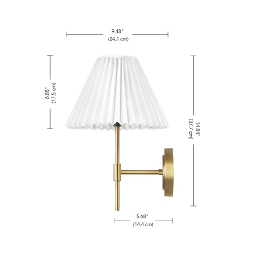 Image of GLOBE Electric 1-Light Wall Sconce, Matte Brass, White Pleated Fabric Shade, E12 Base Socket, Candelabra Bulb, Living Room Lighting, Home Essentials, Decor, Bedroom, Mounted Bedside Lamp