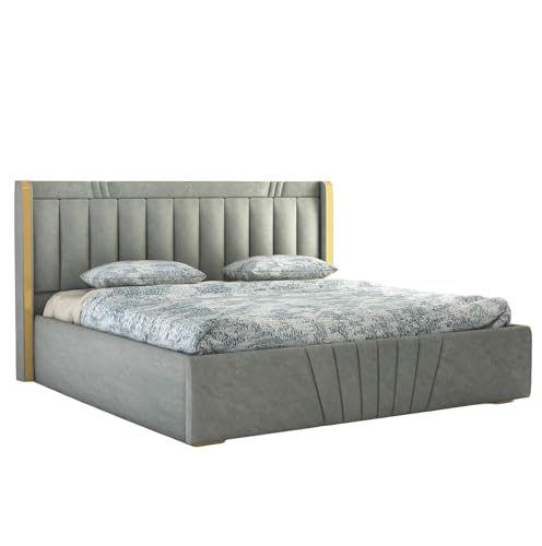 Image of Premium King Size Upholstered Bed with Storage | Solid Wood Platform Bed with Premium Cushion Headboard for Modern Bedrooms | Durable Frame, Easy Maintenance & Stylish Design | Grey