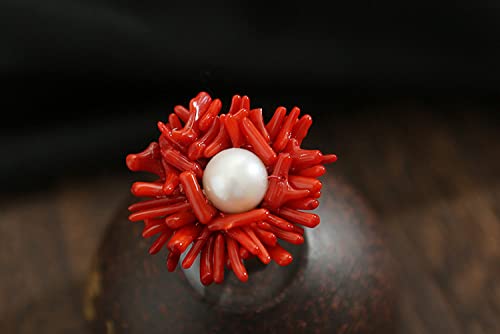 HGJH Anelli d'Argento,Argento Sterling 925 Perla d'Acqua Dolce Grande Mar Rosso Corallo Rosso Esagerazione Anello Aperto della Boemia Anello Dito Indice da Sposa Gioielli Eterni Regali per Le Signore