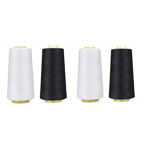 4 Pack of 6000 Yard Each Spool (White & Black) Sewing Thread All Purpose 100% Spun Polyester Overlock Cone (Upholstery, Canvas, Drapery, Beading, Quilting,Serger,Over Lock, Merrow, Single Needle)