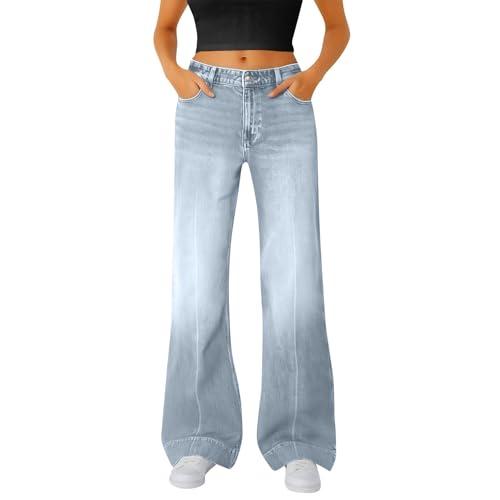 Flared Jeans for Women UK High Waisted Washed Distressed Cotton Blend Denim Trousers Trendy Loose Fit Wide Leg Stretchy Bootcut Pants Baggy Comfort Ladies Jean with Pocket Light Blue
