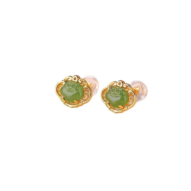 Boucles d'oreilles pierre verte anti-ternissement et filigrane Ruyi argent