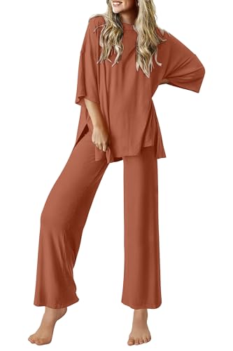 Ekouaer Lounge Sets for Women Short Sleeve Tops and Long Pants Soft Comfy Pajamas Set 2 Piece Outfits,Camel,S
