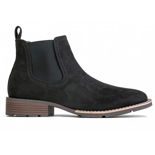 POTENCE STAR Mens Square Toe Chelsea Boots with Western Embroidery Suede Ankle Slip On Dress Boots for Casual & Work