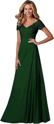 V Neck Appliques Mother of The Bride Dress Long Chiffon Prom Formal Evening Party Dresses for Women with Short Sleeves
