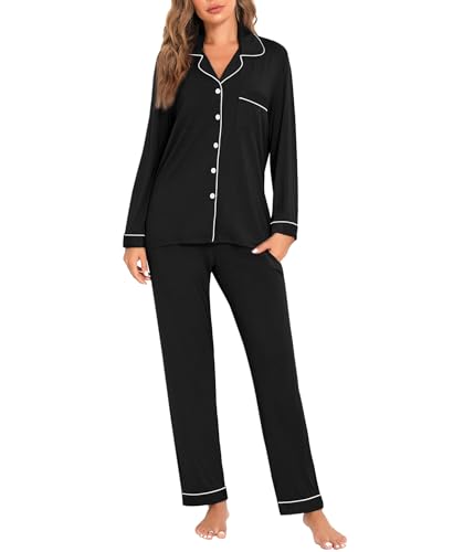 Image of Women's Pajama Sets Long Sleeve Sleepwear Button Up Shirt With Pajama Pants Soft Pjs Lounge Sets