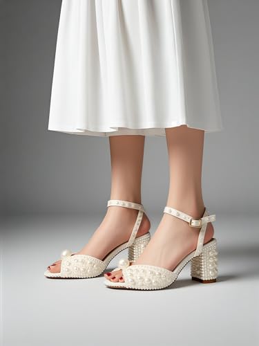Image of Goolita Pearl Heels For Women Mid Block Ankle Strap Heeled Sandals Round Open Toe Party Evening Bridal Shoes For Wedding