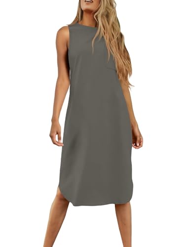 Image of Dyexces Summer Dress for Women Crew Neck Short Sleeve Solid Basic T-Shirts Casual Midi Dresses with Pocket