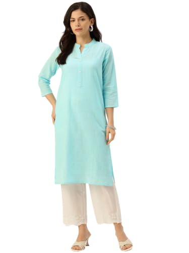 Image of feranoid Women's Plain Cotton Kurta with Mandarin Collar, 3 /4 Sleeves & Pocket