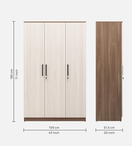 Image of Mintwud Pepperfry Engineered Wood Wardrobe with 3 Doors Storage and 1 Hanging Rod | Wooden Almirah Cupboard for Clothes Storage Organizer for Living Room Home Bedroom Furniture (White Finish)
