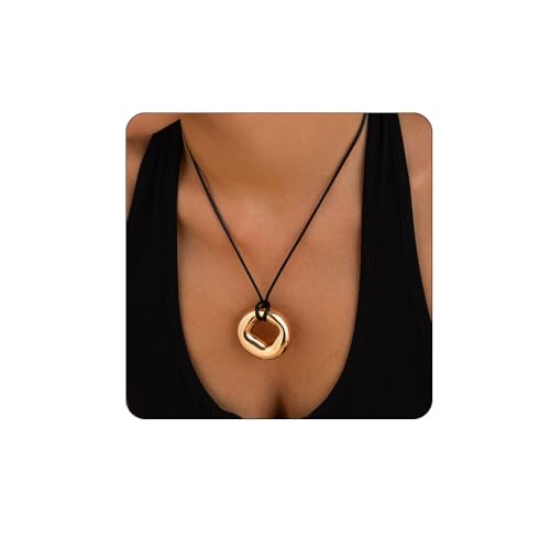 Bethynas Chunky Irregular Circle Pendant Leather Necklace Boho Gold Hoop Long Wrap Rope Neck Tie Punk Summer Party Collar Statement Neck Accessories for Women