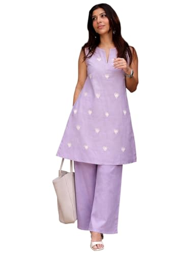 Image of ANNI Designer Kurta Set for Women Cotton Blend Embroidered | Kurti Set for Woman | Farshi Salwar Suit Kurta Palazzo Outfit | Round Neck V Slit Sleeveless Regular Fit Ethnic Dress Stylish Clothing