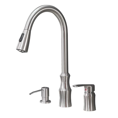 Hotis 3 Hole Kitchen Faucet, 2 Hole Kitchen Faucet with Pull Down Sprayer, Brushed Nickel Kitchen Faucets for Sink, Single Handle Pull Out Stainless Steel Kitchen Sink Faucet Set with Soap Dispenser