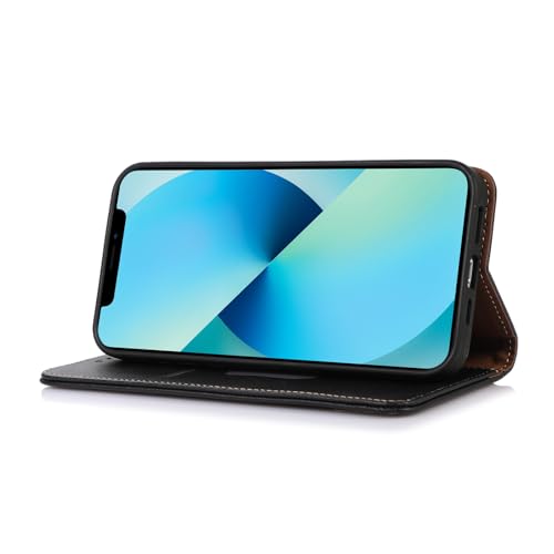 Étui portefeuille iPhone 15 Pro noir housse cuir véritable 6,1 pouces