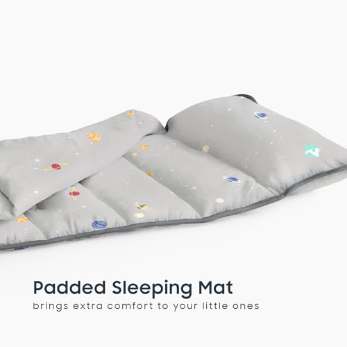 Image of Wake In Cloud - Toddler Nap Mat with Pillow and Blanket, 100% Cotton Fabric, for Kids Boys Ages 3 Plus in Daycare Kindergarten Preschool, Roll Up Sleeping Bag, Galaxy Spaces