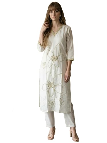 Image of INDO ERA Women's Silk Blend Geometric Embroidered Thread Work Kurta & Pant Set | Co Ord Set For Women Stylish