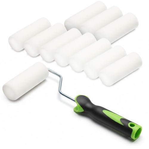 ToolSpace 10x Lackierwalze 11cm mit Griff Superfein Schaumstoffrolle 50kg/m Schaumstoff Dichte Lacke Lasur Acryl Lösungsmittelbeständig Nicht-Aggressive Malerrolle Lackrolle Feinarbeiten Türen Möbel