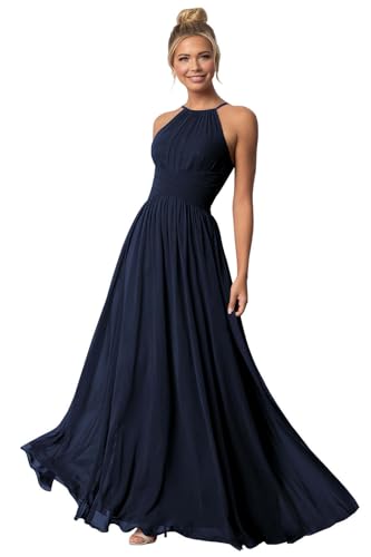 Halter Bridesmaid Dresses Long Pleated Chiffon A Line Wedding Formal Evening Dress