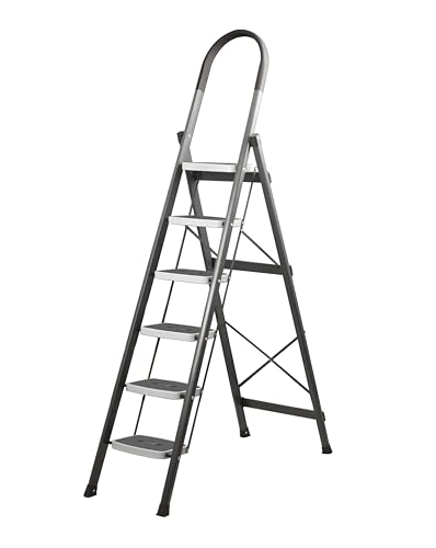 Image of CLEAN IN 6 Step Premium Foldable Household Steel Ladder ~ for Home, Garage, Kitchen. Wide & Anti-Skid Steps, 150 kg Load Capacity, Reinforced Hinges ~ (Shades of Grey)