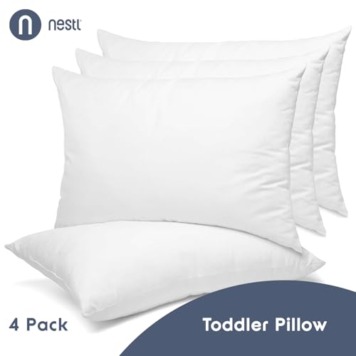Image of Nestl 4 Pack Toddler Pillow for Sleeping 13 x 18, Small Kids Pillow for Travel, Car, School, Nap, & Toddler Bed, Machine Washable Soft Cotton Toddler Pillow 2 Year Old and Up - White