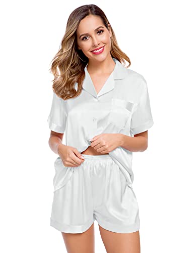 Image of LecGee Womens Silk Satin Pajamas Short Sleeve Loungewear Two-Piece Sleepwear Button-Down Pj Set
