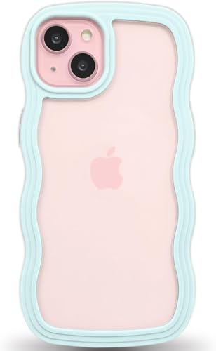 Image of GoldKart iPhone 15 Plus Case Wavy Edge Clear Back Design, Anti-Slip Grip Cute Wave Curly Frame Shape Shockproof Soft TPU & Hard PC Bumper Protective Phone Case Cover for Women Girls - Light Blue
