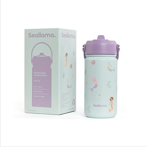Seallama. Kids Water Bottle – 14 oz Stainless Steel Tumbler with Straw Lid, Vacuum Insulated Double Wall Travel Cup, Leak-Proof Reusable Drink...