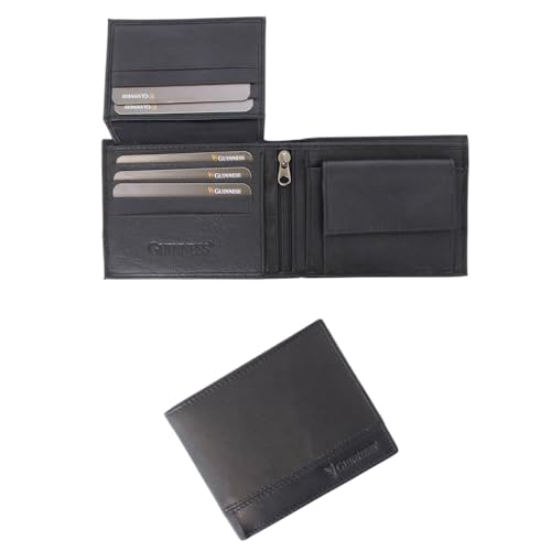 Guinness Black Leather Wallet with Coin Pocket & ID Window RFID Blocking Zipped Pocket 8 Card Slots Mens Bi-Fold Wallet Genuine Leather Official Merchandise