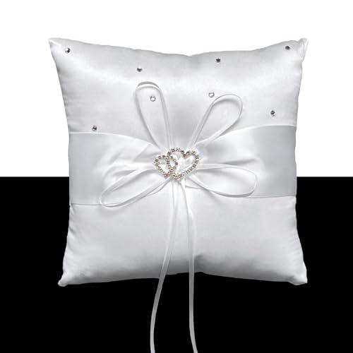 COSLANLEE Ring Bearer Pillow, White Satin with Crystal Hearts Ring Cushion, Ring Holder Box, Rhinestone Accents for Beach Wedding Ceremony Proposal Party-7.8 x7.8 ''