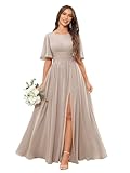 JKMMYO Taupe Bridesmaid Dresses with Slit Flutter Sleeves Scoop Neck Chiffon Empire Waist Long Formal Dresses with Pockets Size 8