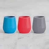 ezpz Tiny Cup 3-Pack (Blue, Coral & Gray) - 100% Silicone Training Cup for Infants - Designed by a Pediatric Feeding Specialist - 4 months+ - Baby-led Weaning Gear & Baby Gift