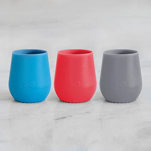 Image of ezpz Tiny Cup 3-Pack (Blue, Coral & Gray) - 100% Silicone Training Cup for Infants - Designed by a Pediatric Feeding Specialist - 4 months+ - Baby-led Weaning Gear & Baby Gift