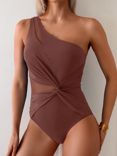 One Shoulder One Piece Swimsuit for Women Mesh Tummy Control Bathing Suit Twist Swimwear with Removable Strap Brown4