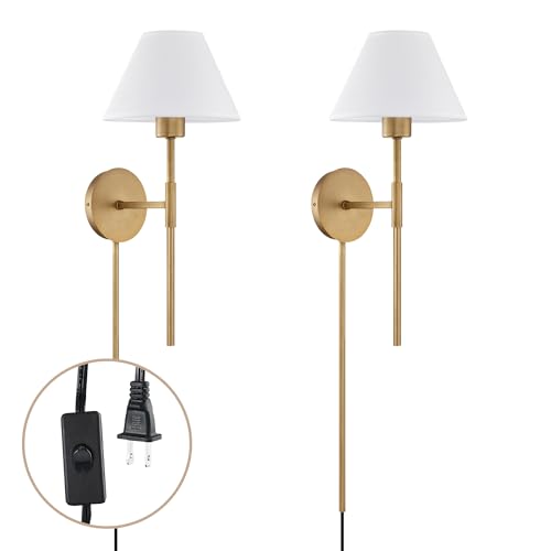 Image of Nathan James Millie Plug-in Wall Sconce, Wall Mounted Bedside Reading Lamp with Cotton Shade and Brass Back Plate, Set of 2