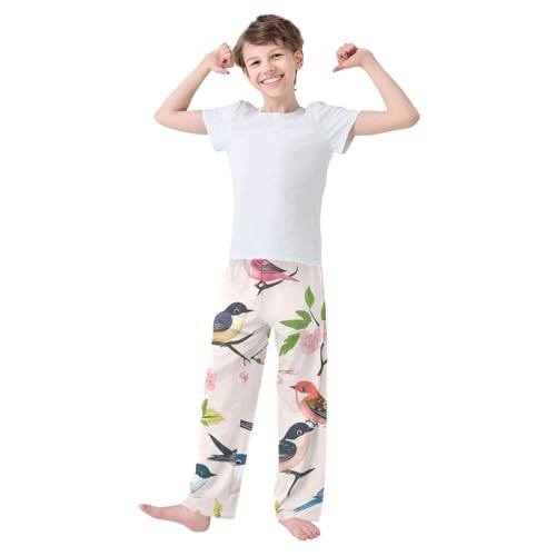 Colorful Birds Spring Flowers Boys Long Pants Soft Trousers Elastic Waist Kids Lounge Bottoms with Pockets S-XL2