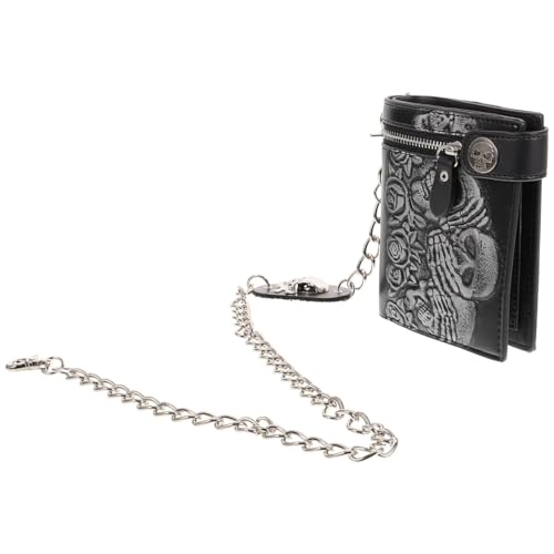Portefeuille en cuir COLLBATH style punk avec chaîne anti-vol et motif gravé