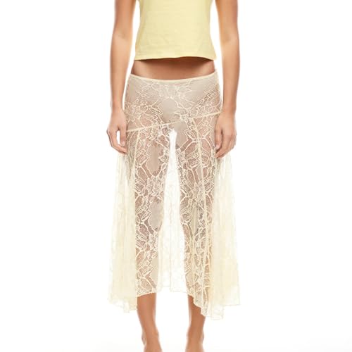 Women Lace Long Skirts Y2k Sheer Skirt Irregular Asymmetrical Hem Ruffled Midi Skirts See Through Cover Up Long Skirt