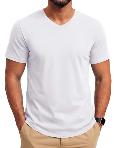 COOFANDY Men White T Shirt V Neck Short Sleeve Soft Classic Summer Tee