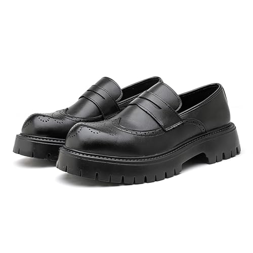Men's Leather Brogue Platform Chunky Slip-On Penny Loafers Classic Round Toe Non-Slip Lug Sole Business Dress Shoes for Party Wedding Prom4