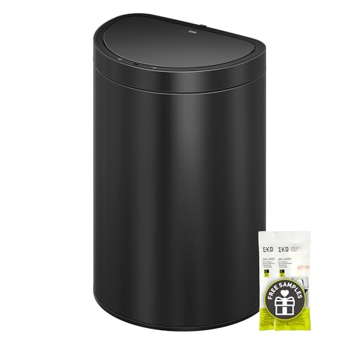 Image of EKO Mirage Semi-Round 47L / 12.4 Gal Motion Sensor Trash Can or Recycling Bin, Automatic Kitchen Trash Bin with Deodorizer Compartment, Removable Lid & Inner Bucket, Stainless Steel, Matte Black