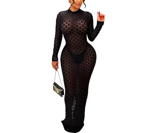 Image of Women's Casual Turtleneck Long Sleeve Elegant Long Dress Lounge Mesh Bodycon Maxi Party Dresses