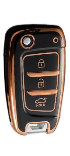 Image of TPU Car Key Cover Black & Golden Compatible for Hyundai Kona Electric, Verna (Hyundai, 3 Button Flip Remote Key)