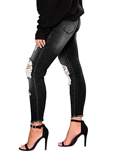 KUNMI Women's Ripped Skinny Slim Fit Jeans Frayed Distressed Stretchy Denim Pants2