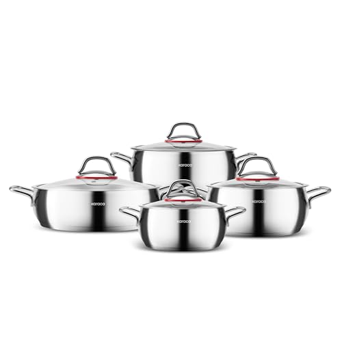 Karaca Emirgan 8-Piece Stainless Steel Pots Set - Induction Hob Cookware Kitchen Set w/ 4 Cooking Pots with 4 Glass Lids, PFOA Free, Dishwasher-Safe
